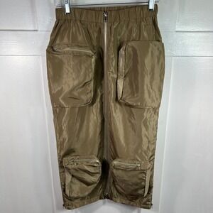 ENVME Khaki Nylon Cargo Midi Skirt Full Zip Front Utility Pockets Tan Small